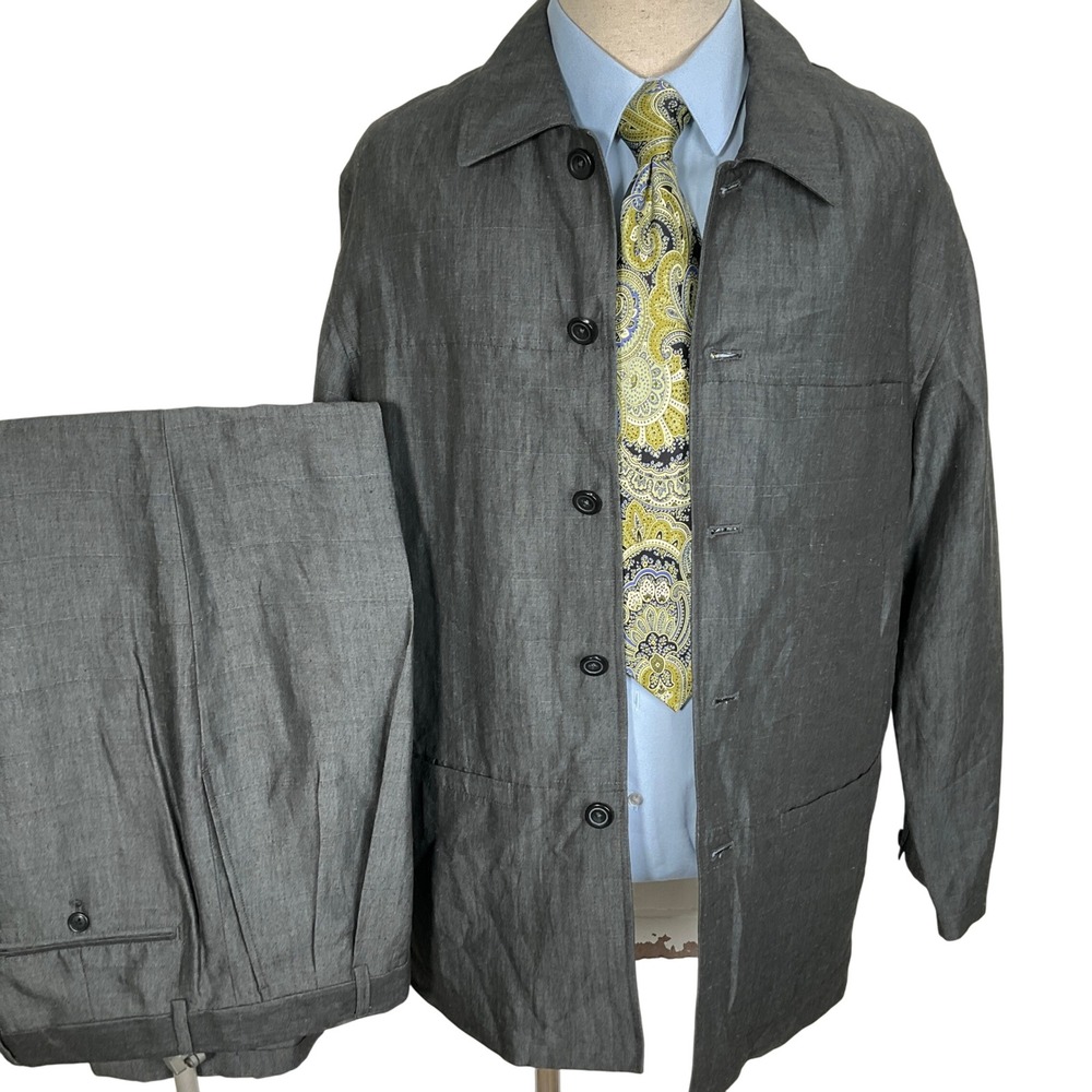 Claiborne Suit Men Large 31W 32L Gray Linen Society Weekend Casual Party Travel